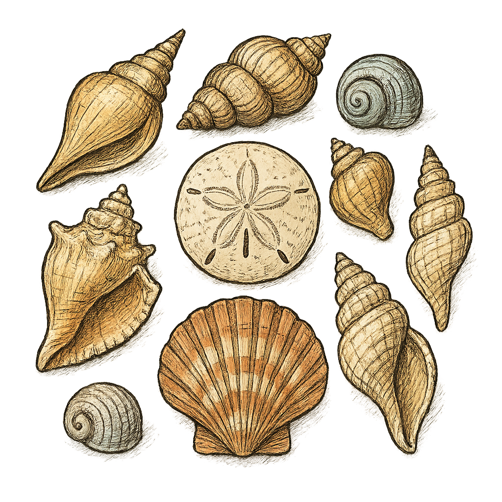 A hand-drawn ink with pops of color, natural graphic of a hand-drawn collection of various seashells (conch, scallop, spiral, sand dollar) arranged artistically, ink with pops of color, square layout, transparent background, optimized for dtg printing - a t-shirt design