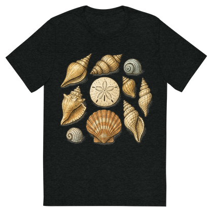Front view of a Premium Tri-Blend Crew Neck T-Shirt in Charcoal-Black showing 'A hand-drawn ink with pops of color, natural graphic of a hand-drawn collection of various seashells (conch, scallop, spiral, sand dollar) arranged artistically, ink with pops of color, square layout, transparent background, optimized for dtg printing'