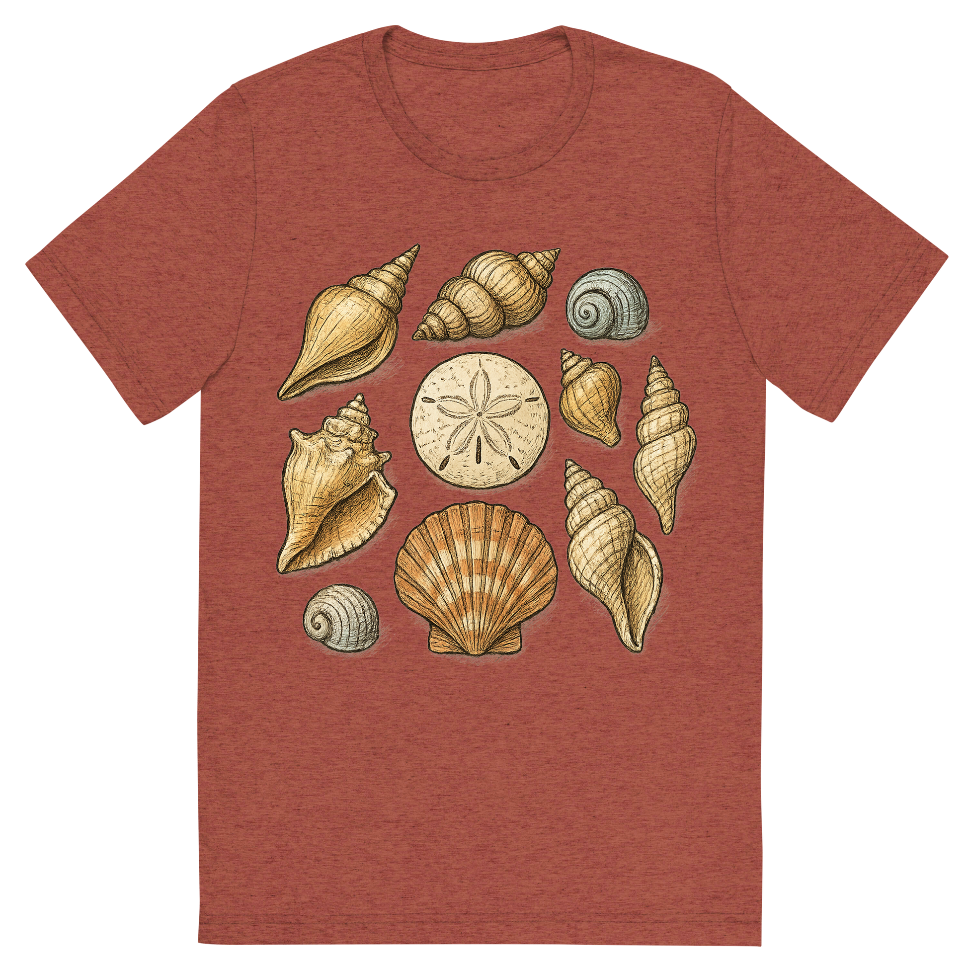 Front view of a Premium Tri-Blend Crew Neck T-Shirt in Clay showing 'A hand-drawn ink with pops of color, natural graphic of a hand-drawn collection of various seashells (conch, scallop, spiral, sand dollar) arranged artistically, ink with pops of color, square layout, transparent background, optimized for dtg printing'