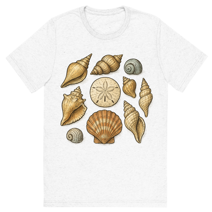 Front view of a Premium Tri-Blend Crew Neck T-Shirt in Solid White showing 'A hand-drawn ink with pops of color, natural graphic of a hand-drawn collection of various seashells (conch, scallop, spiral, sand dollar) arranged artistically, ink with pops of color, square layout, transparent background, optimized for dtg printing'