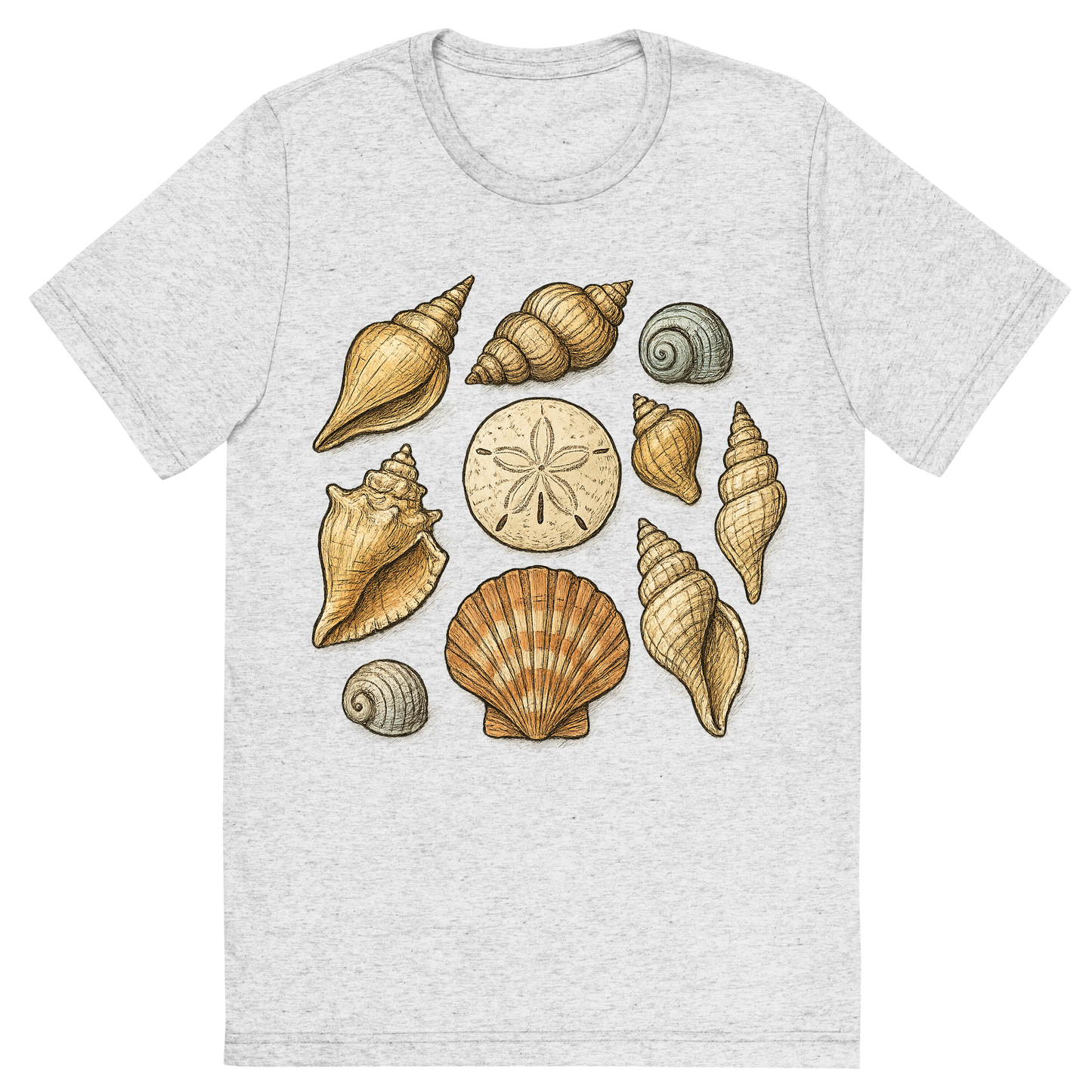 Front view of a Premium Tri-Blend Crew Neck T-Shirt in White Fleck showing 'A hand-drawn ink with pops of color, natural graphic of a hand-drawn collection of various seashells (conch, scallop, spiral, sand dollar) arranged artistically, ink with pops of color, square layout, transparent background, optimized for dtg printing'