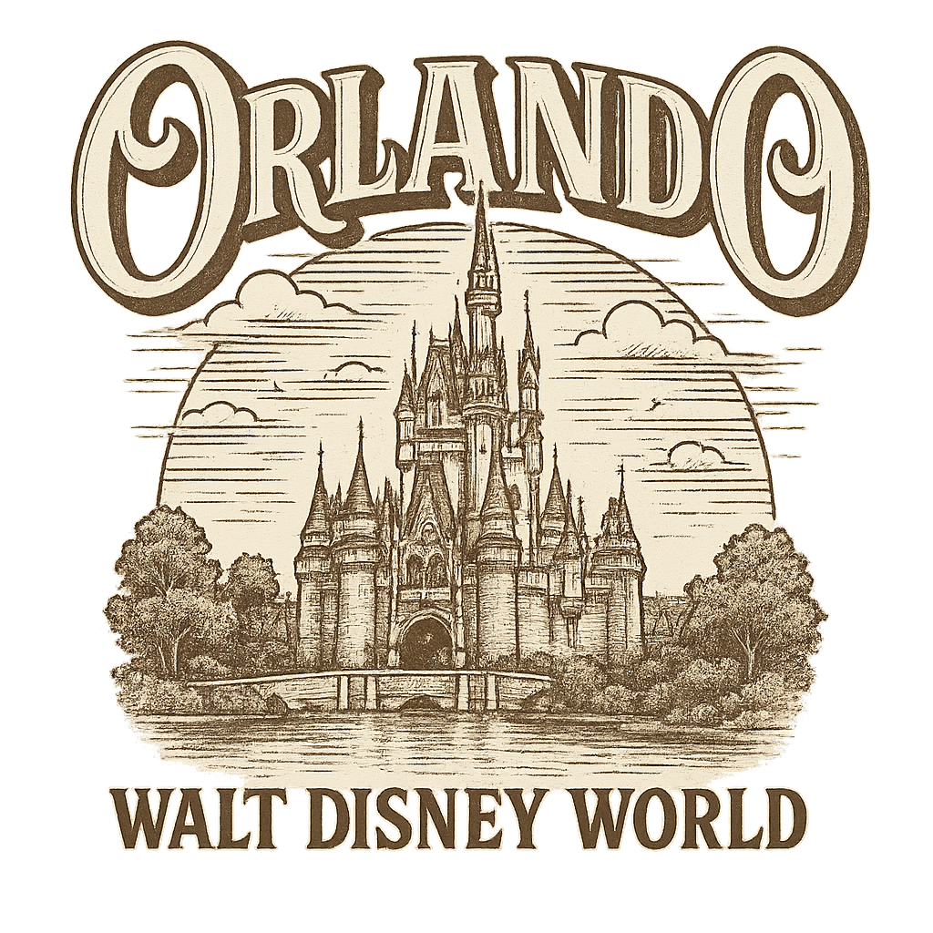 A typographic, nostalgic graphic of a typographic illustration of the words 'orlando' with a vintage line art drawing of the walt disney world – a t-shirt design