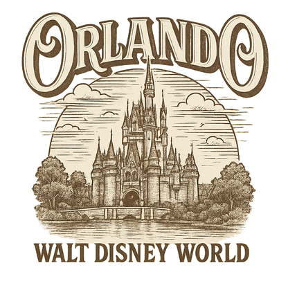 A typographic, nostalgic graphic of a typographic illustration of the words 'orlando' with a vintage line art drawing of the walt disney world – a t-shirt design