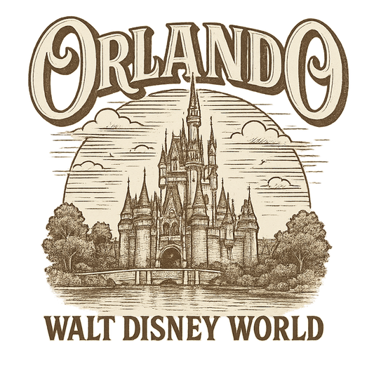 A typographic, nostalgic graphic of a typographic illustration of the words 'orlando' with a vintage line art drawing of the walt disney world – a t-shirt design