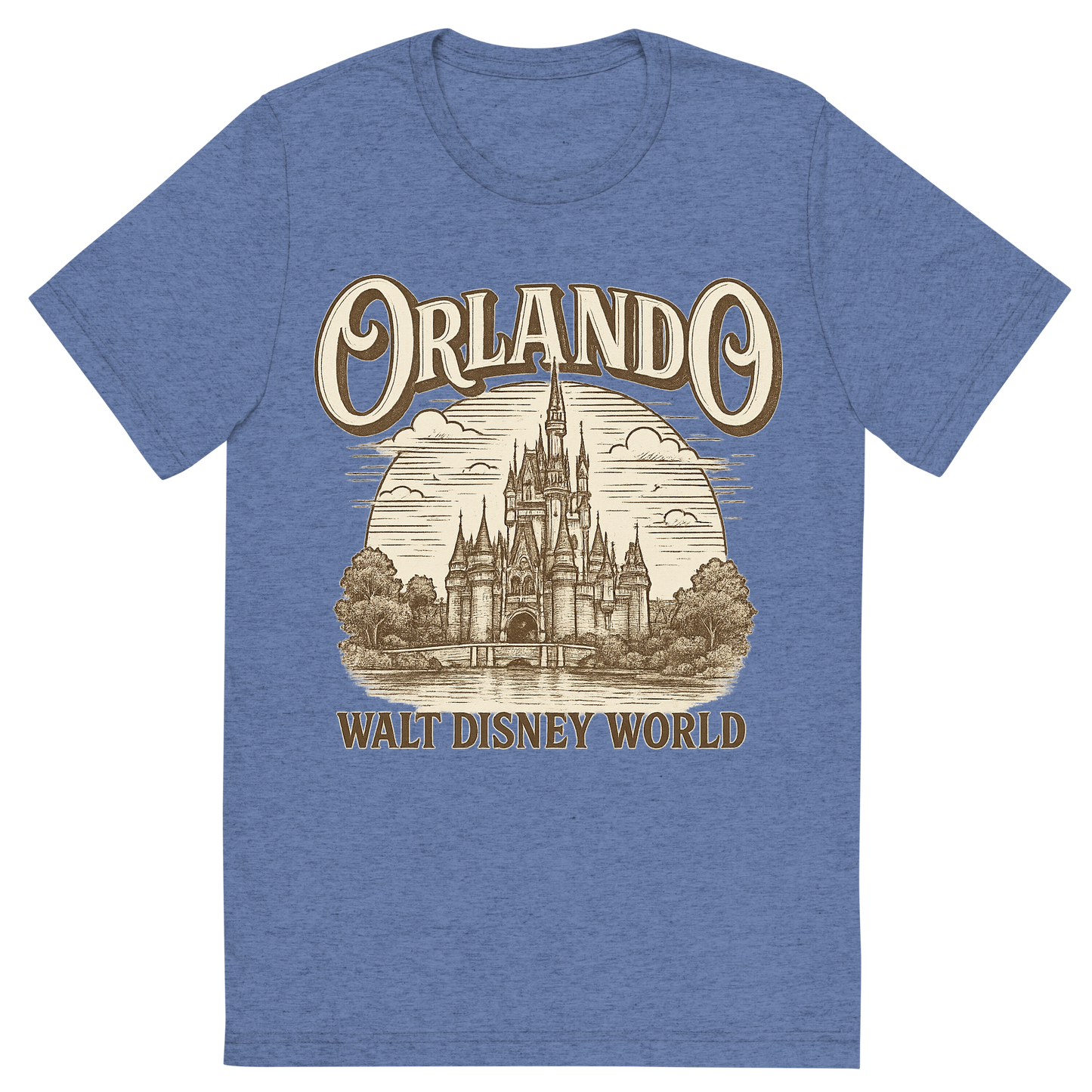 Front view of a Premium Tri-Blend Crew Neck T-Shirt in Blue showing 'A typographic, nostalgic graphic of a typographic illustration of the words 'orlando' with a vintage line art drawing of the walt disney world'