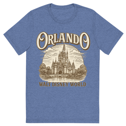 Front view of a Premium Tri-Blend Crew Neck T-Shirt in Blue showing 'A typographic, nostalgic graphic of a typographic illustration of the words 'orlando' with a vintage line art drawing of the walt disney world'