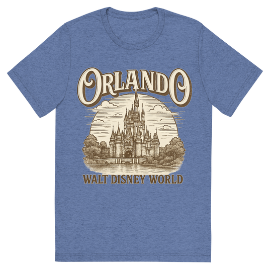 Front view of a Premium Tri-Blend Crew Neck T-Shirt in Blue showing 'A typographic, nostalgic graphic of a typographic illustration of the words 'orlando' with a vintage line art drawing of the walt disney world'