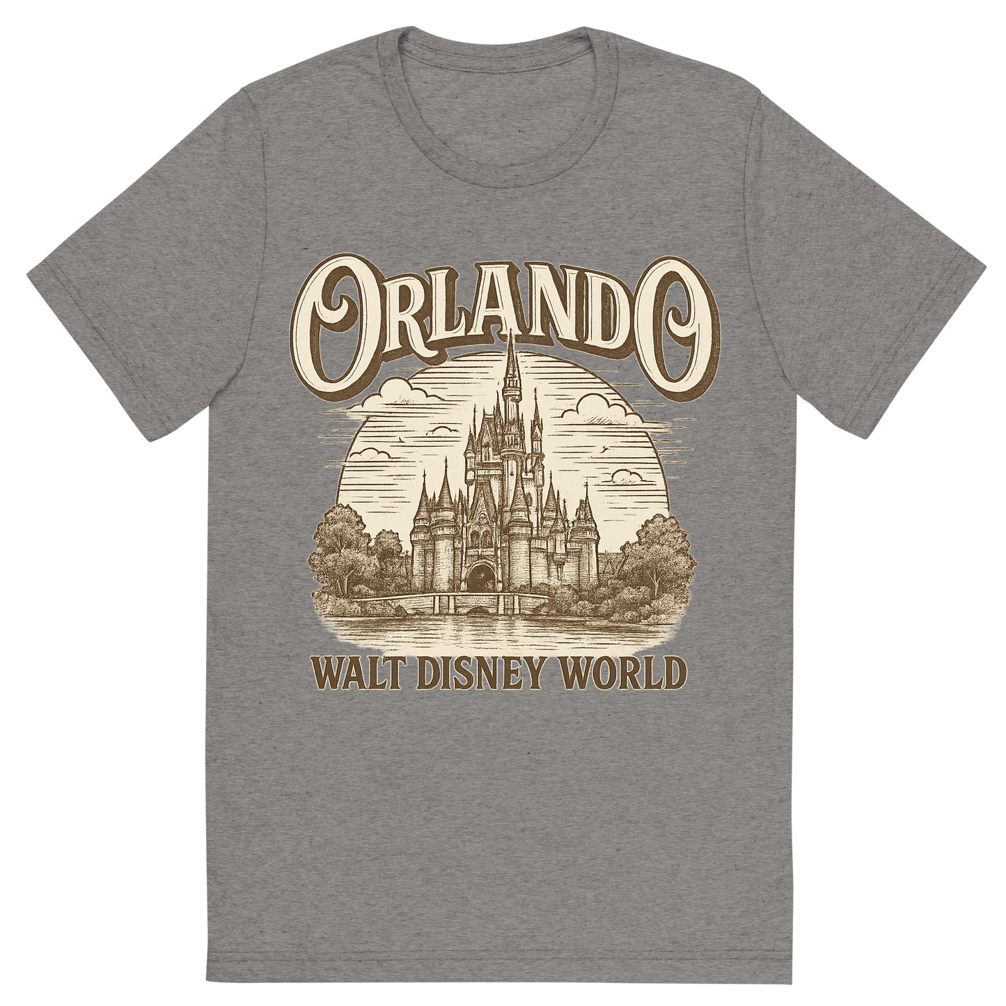 Front view of a Premium Tri-Blend Crew Neck T-Shirt in Grey showing 'A typographic, nostalgic graphic of a typographic illustration of the words 'orlando' with a vintage line art drawing of the walt disney world'