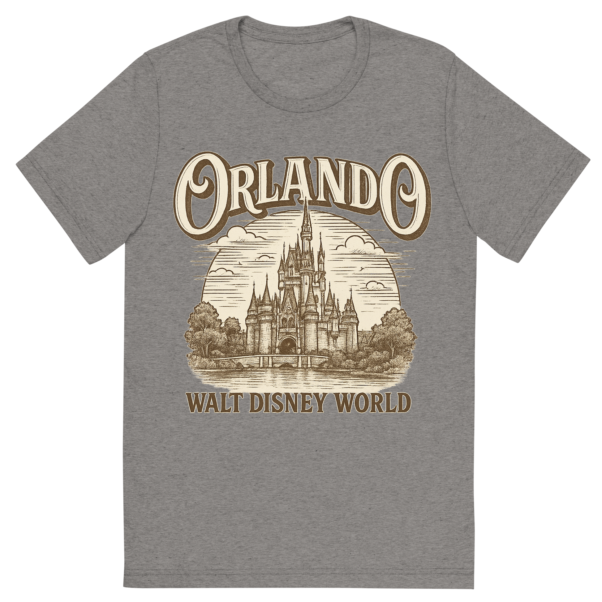 Front view of a Premium Tri-Blend Crew Neck T-Shirt in Grey showing 'A typographic, nostalgic graphic of a typographic illustration of the words 'orlando' with a vintage line art drawing of the walt disney world'