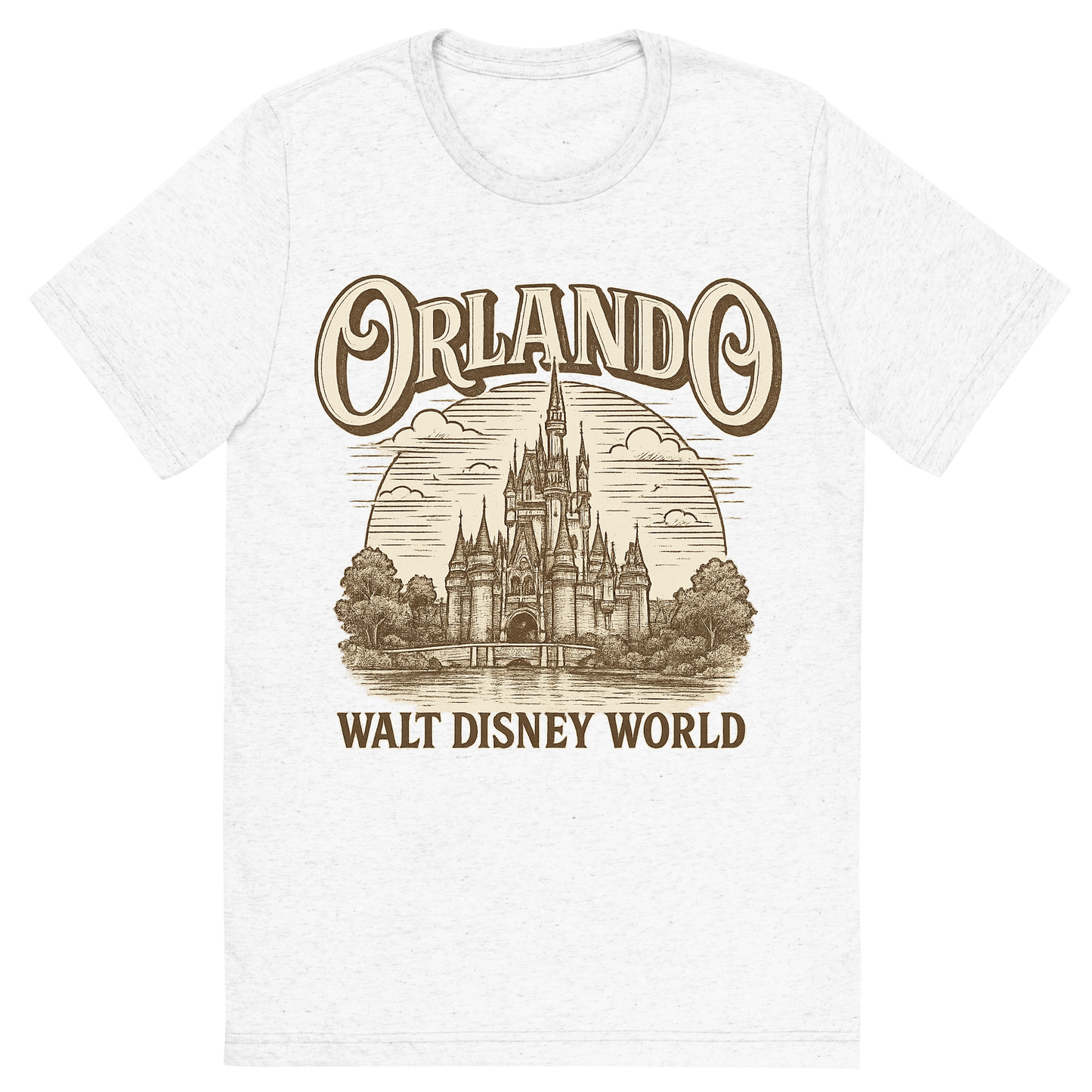 Front view of a Premium Tri-Blend Crew Neck T-Shirt in Solid White showing 'A typographic, nostalgic graphic of a typographic illustration of the words 'orlando' with a vintage line art drawing of the walt disney world'