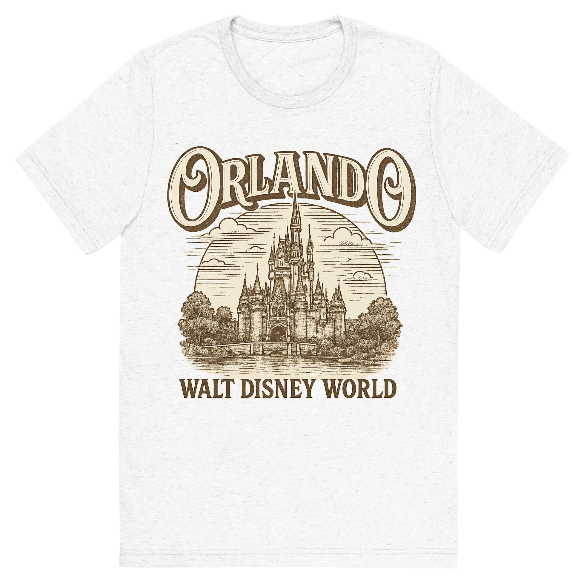 Front view of a Premium Tri-Blend Crew Neck T-Shirt in Solid White showing 'A typographic, nostalgic graphic of a typographic illustration of the words 'orlando' with a vintage line art drawing of the walt disney world'