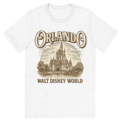 Front view of a Premium Tri-Blend Crew Neck T-Shirt in Solid White showing 'A typographic, nostalgic graphic of a typographic illustration of the words 'orlando' with a vintage line art drawing of the walt disney world'
