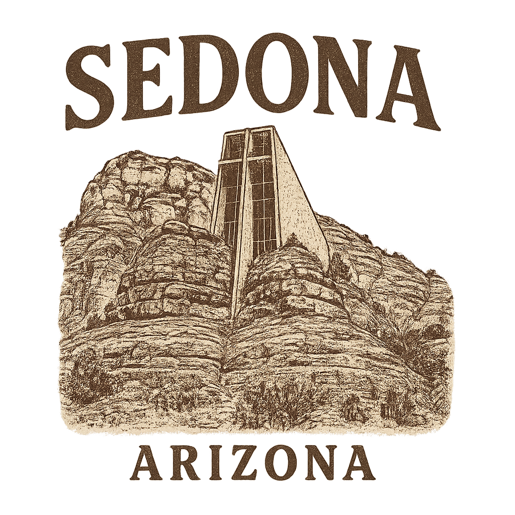A typographic, nostalgic graphic of a typographic illustration of the words 'sedona, arizona' with a vintage line art drawing of the chapel of the holy cross – a t-shirt design
