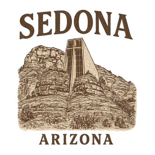 A typographic, nostalgic graphic of a typographic illustration of the words 'sedona, arizona' with a vintage line art drawing of the chapel of the holy cross – a t-shirt design