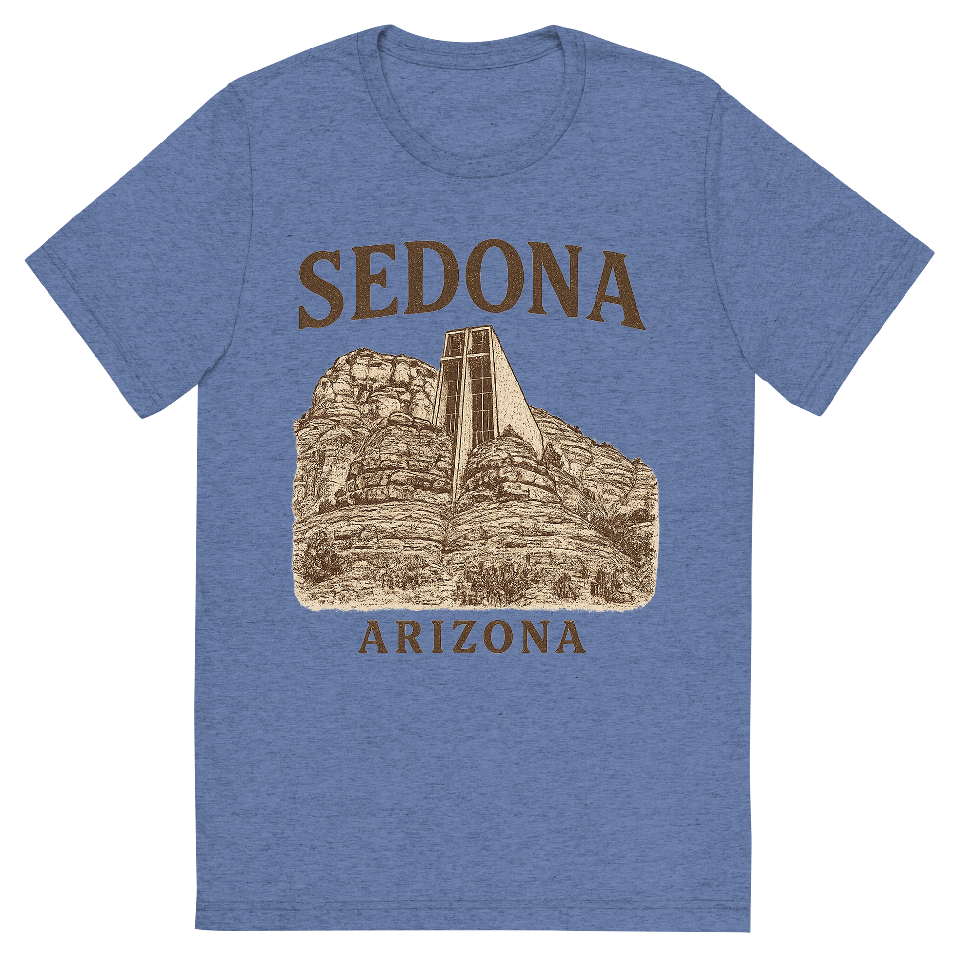 Front view of a Premium Tri-Blend Crew Neck T-Shirt in Blue showing 'A typographic, nostalgic graphic of a typographic illustration of the words 'sedona, arizona' with a vintage line art drawing of the chapel of the holy cross'