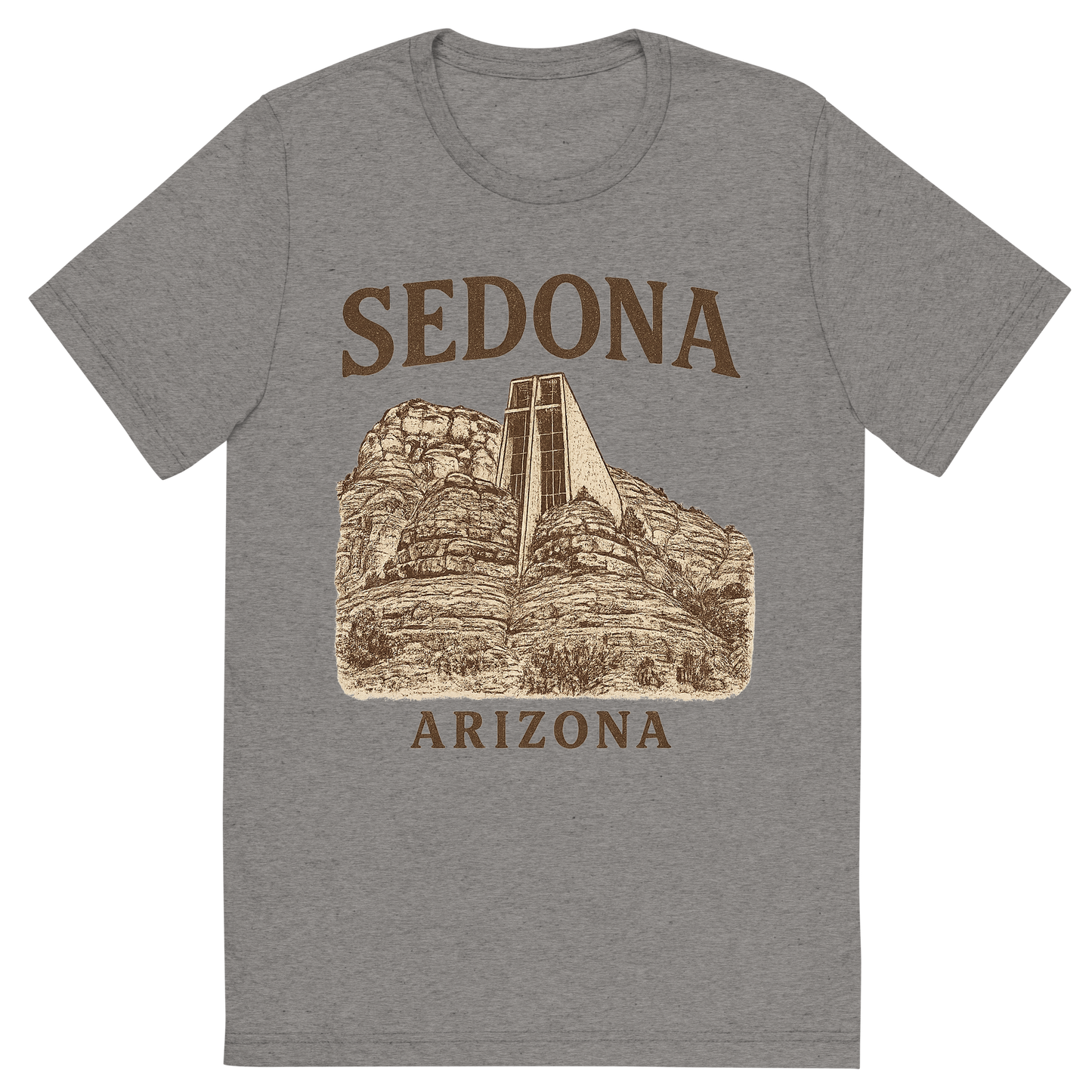 Front view of a Premium Tri-Blend Crew Neck T-Shirt in Grey showing 'A typographic, nostalgic graphic of a typographic illustration of the words 'sedona, arizona' with a vintage line art drawing of the chapel of the holy cross'