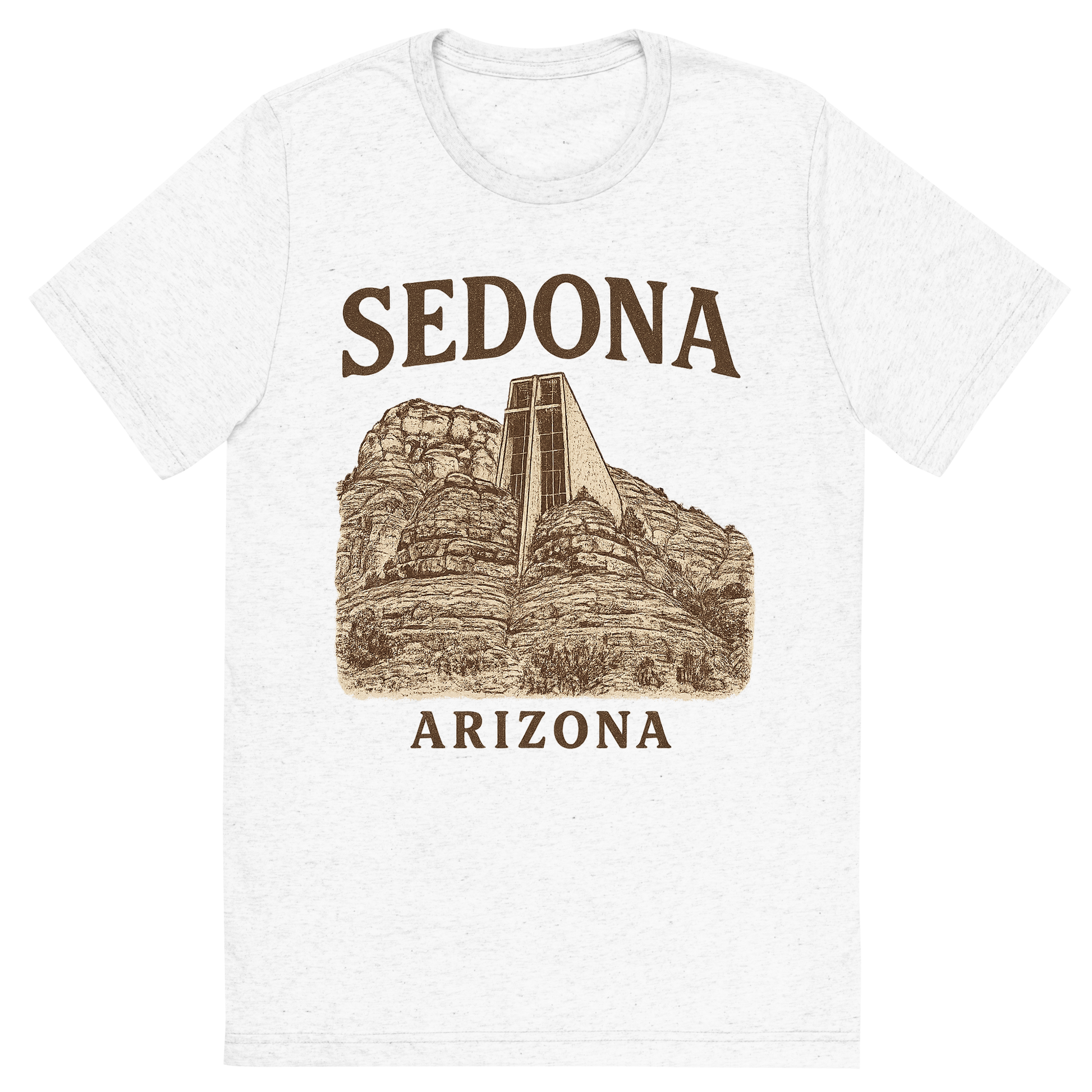 Front view of a Premium Tri-Blend Crew Neck T-Shirt in Solid White showing 'A typographic, nostalgic graphic of a typographic illustration of the words 'sedona, arizona' with a vintage line art drawing of the chapel of the holy cross'