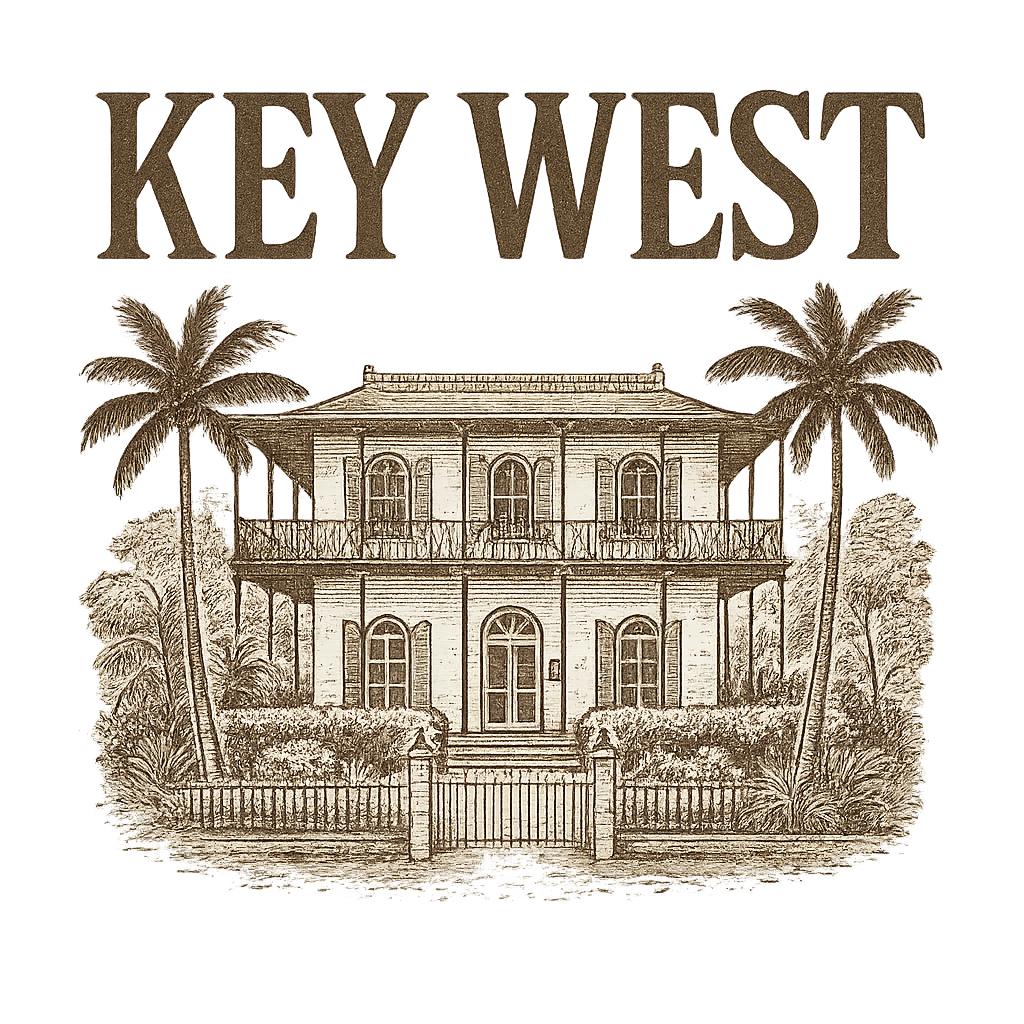 A typographic, nostalgic graphic of a typographic illustration of the words 'key west' with a vintage line art drawing of the ernest hemingway home – a t-shirt design
