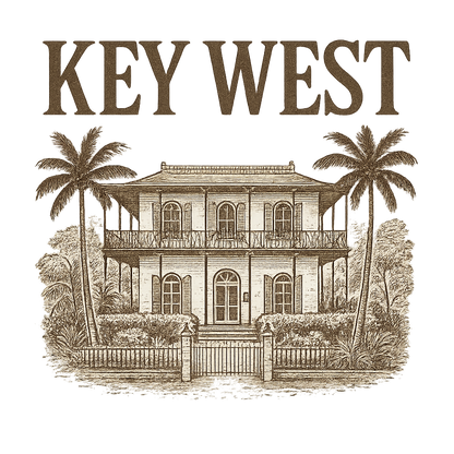 A typographic, nostalgic graphic of a typographic illustration of the words 'key west' with a vintage line art drawing of the ernest hemingway home – a t-shirt design