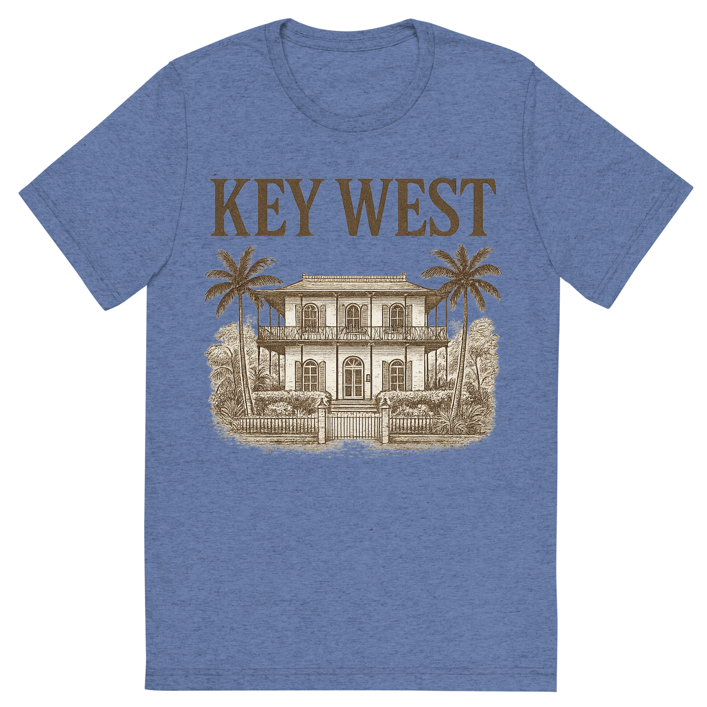 Front view of a Premium Tri-Blend Crew Neck T-Shirt in Blue showing 'A typographic, nostalgic graphic of a typographic illustration of the words 'key west' with a vintage line art drawing of the ernest hemingway home'