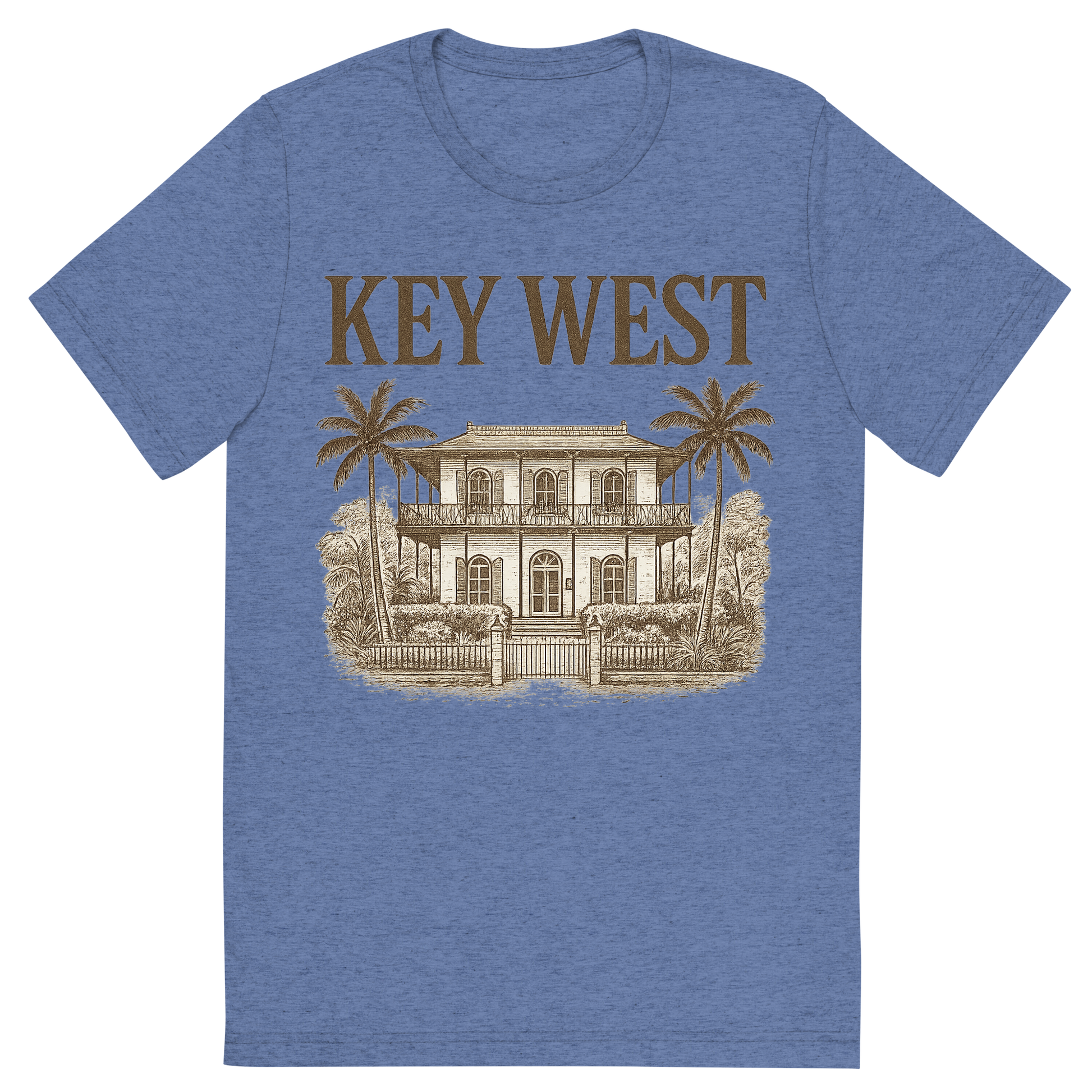 Front view of a Premium Tri-Blend Crew Neck T-Shirt in Blue showing 'A typographic, nostalgic graphic of a typographic illustration of the words 'key west' with a vintage line art drawing of the ernest hemingway home'