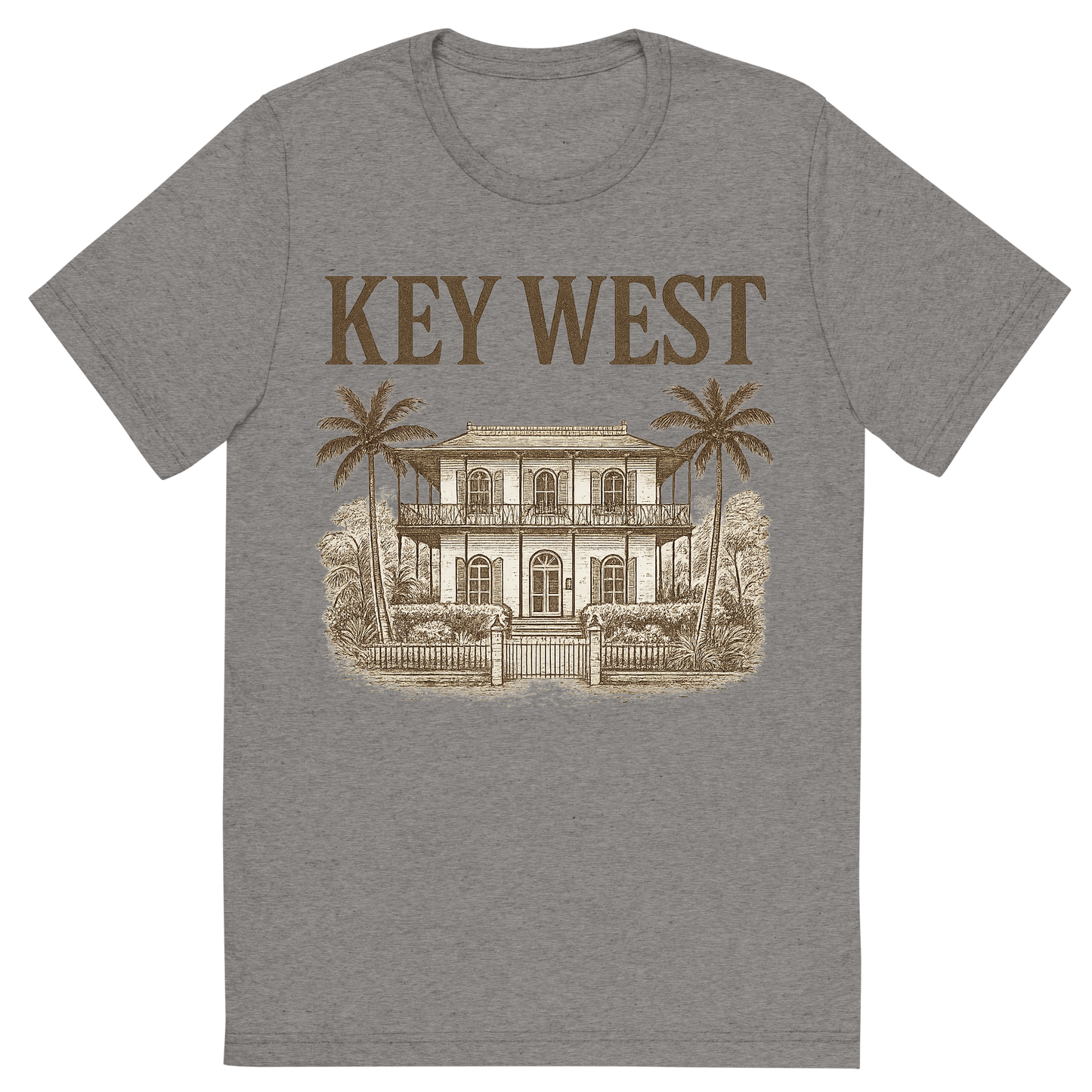 Front view of a Premium Tri-Blend Crew Neck T-Shirt in Grey showing 'A typographic, nostalgic graphic of a typographic illustration of the words 'key west' with a vintage line art drawing of the ernest hemingway home'