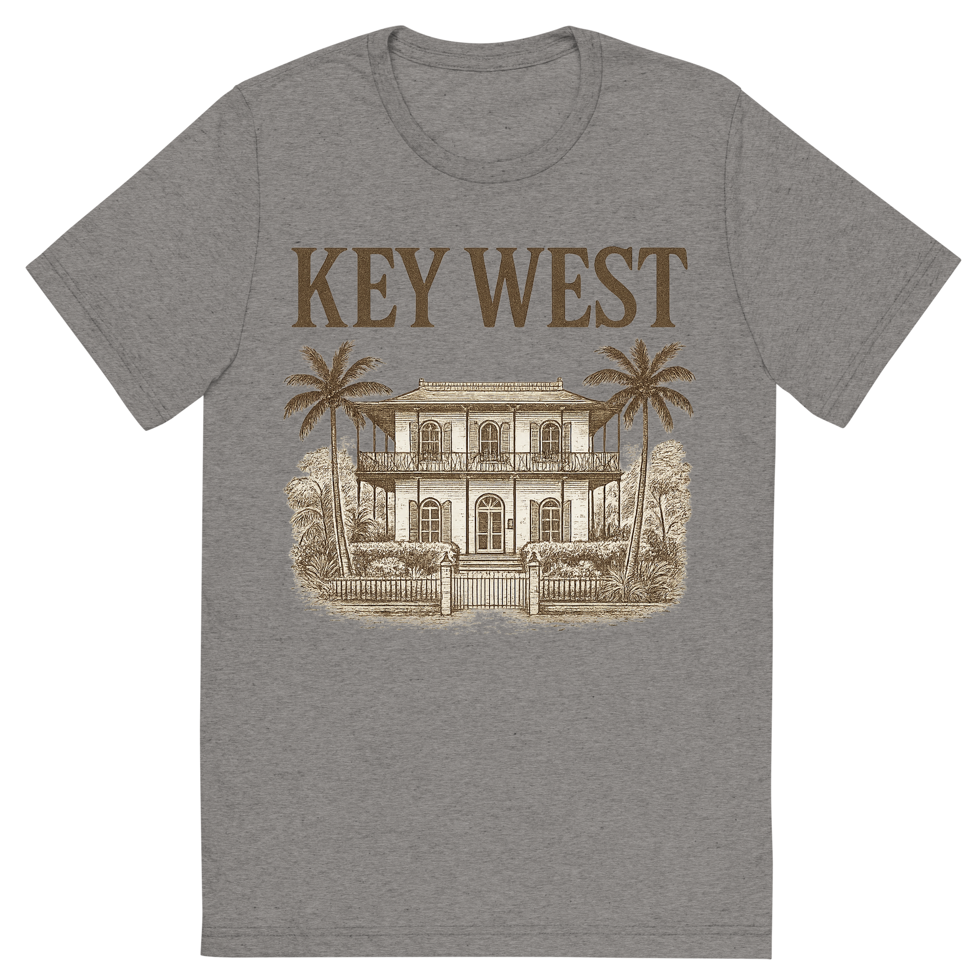 Front view of a Premium Tri-Blend Crew Neck T-Shirt in Grey showing 'A typographic, nostalgic graphic of a typographic illustration of the words 'key west' with a vintage line art drawing of the ernest hemingway home'