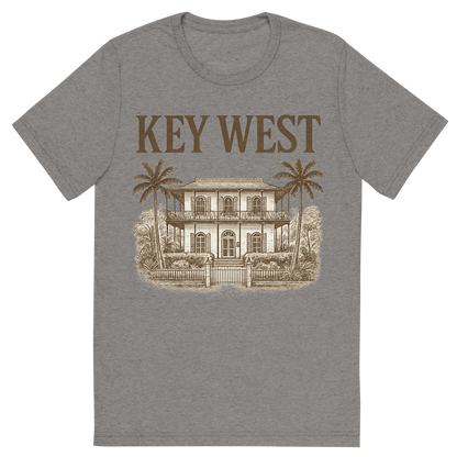 Front view of a Premium Tri-Blend Crew Neck T-Shirt in Grey showing 'A typographic, nostalgic graphic of a typographic illustration of the words 'key west' with a vintage line art drawing of the ernest hemingway home'