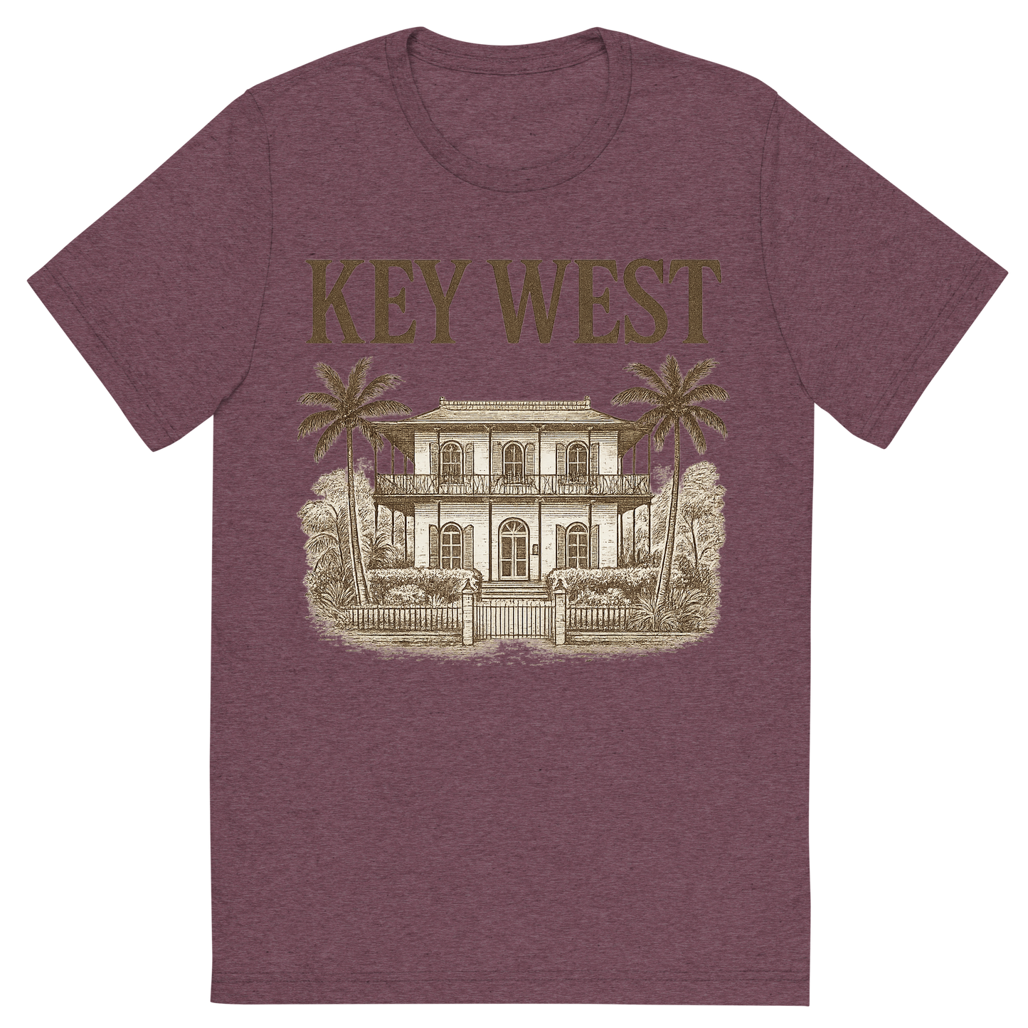 Front view of a Premium Tri-Blend Crew Neck T-Shirt in Maroon showing 'A typographic, nostalgic graphic of a typographic illustration of the words 'key west' with a vintage line art drawing of the ernest hemingway home'