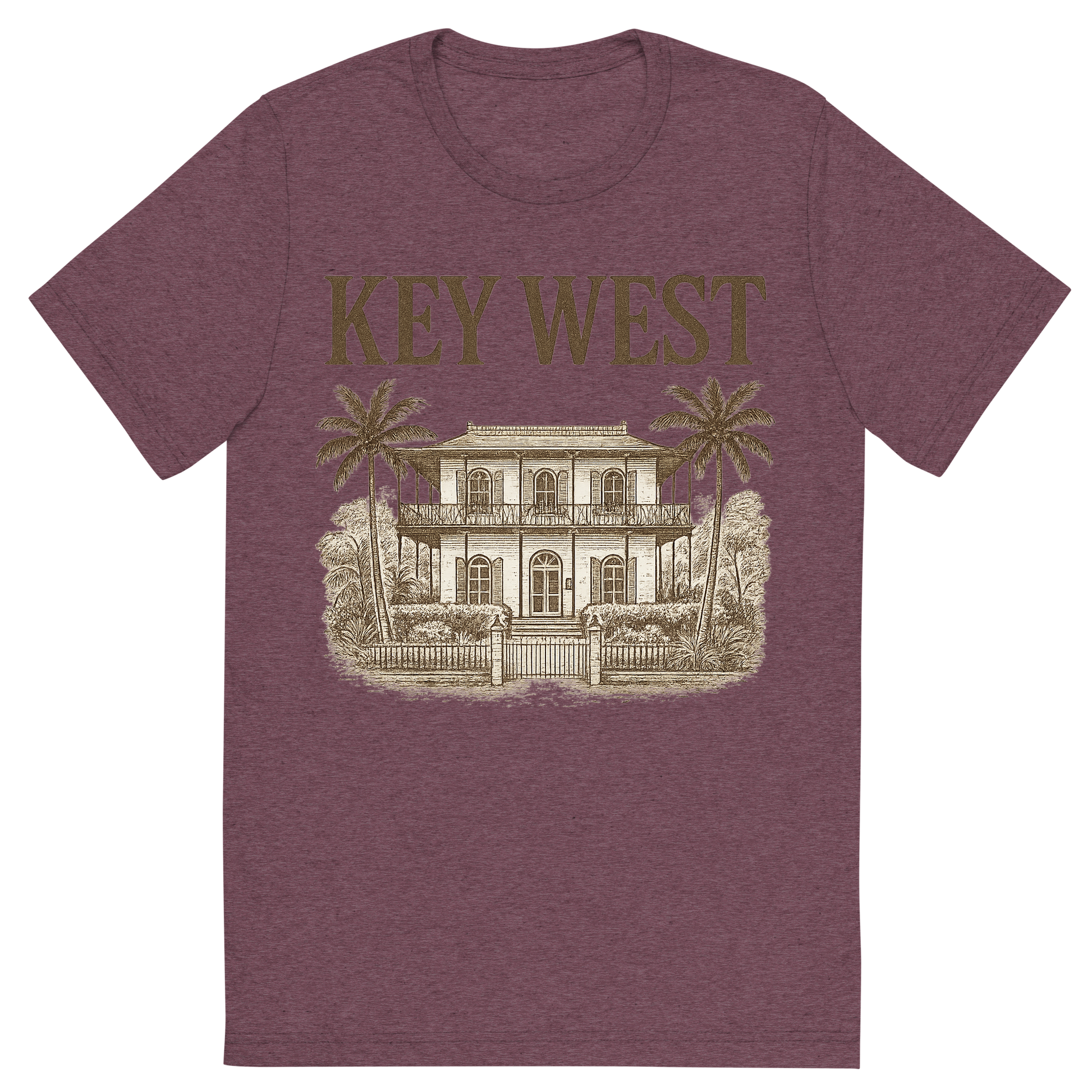 Front view of a Premium Tri-Blend Crew Neck T-Shirt in Maroon showing 'A typographic, nostalgic graphic of a typographic illustration of the words 'key west' with a vintage line art drawing of the ernest hemingway home'