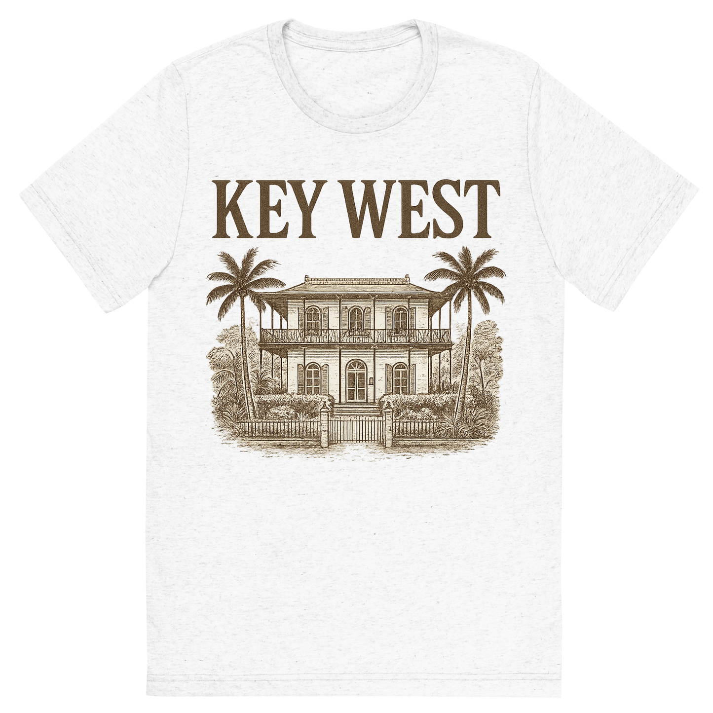 Front view of a Premium Tri-Blend Crew Neck T-Shirt in Solid White showing 'A typographic, nostalgic graphic of a typographic illustration of the words 'key west' with a vintage line art drawing of the ernest hemingway home'