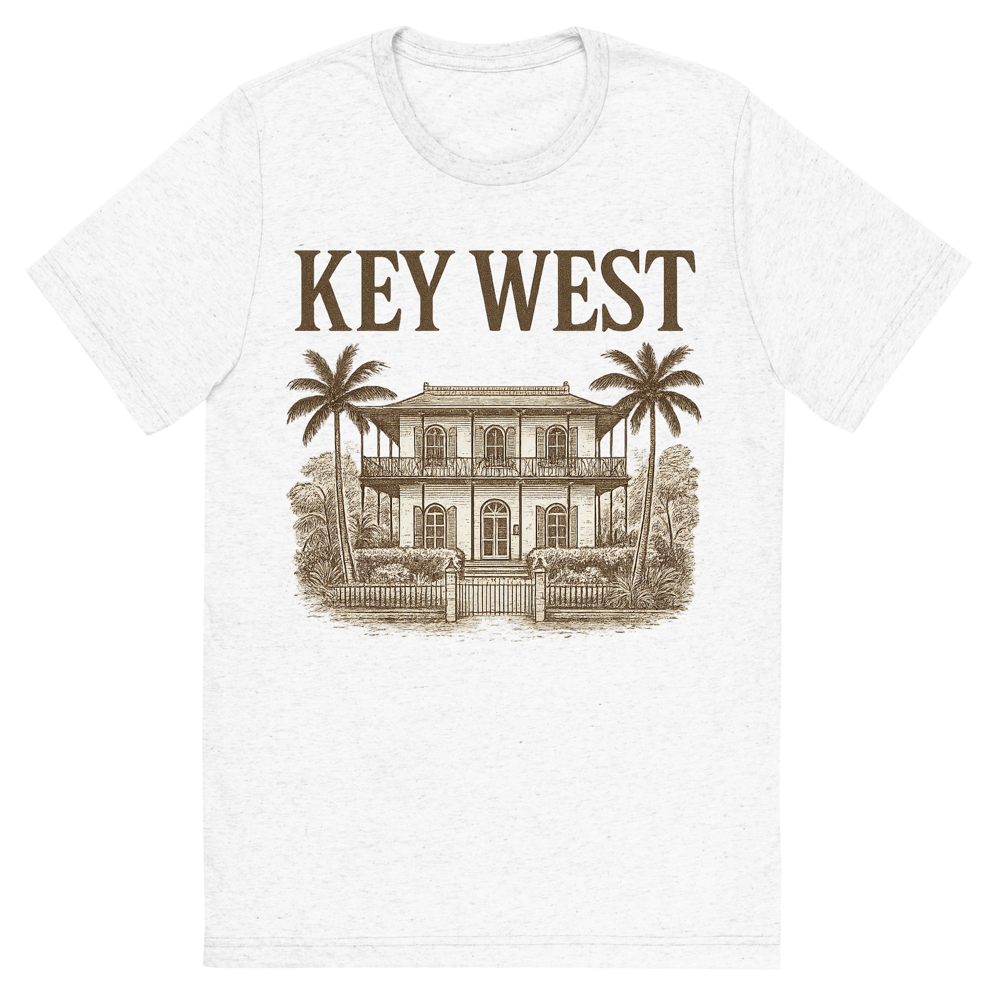 Front view of a Premium Tri-Blend Crew Neck T-Shirt in Solid White showing 'A typographic, nostalgic graphic of a typographic illustration of the words 'key west' with a vintage line art drawing of the ernest hemingway home'