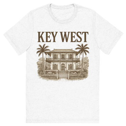 Front view of a Premium Tri-Blend Crew Neck T-Shirt in Solid White showing 'A typographic, nostalgic graphic of a typographic illustration of the words 'key west' with a vintage line art drawing of the ernest hemingway home'