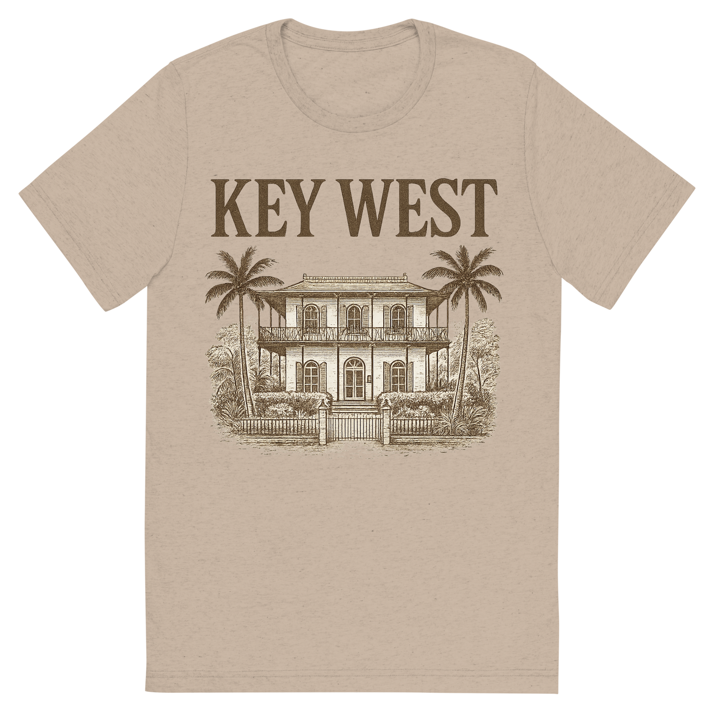 Front view of a Premium Tri-Blend Crew Neck T-Shirt in Tan showing 'A typographic, nostalgic graphic of a typographic illustration of the words 'key west' with a vintage line art drawing of the ernest hemingway home'