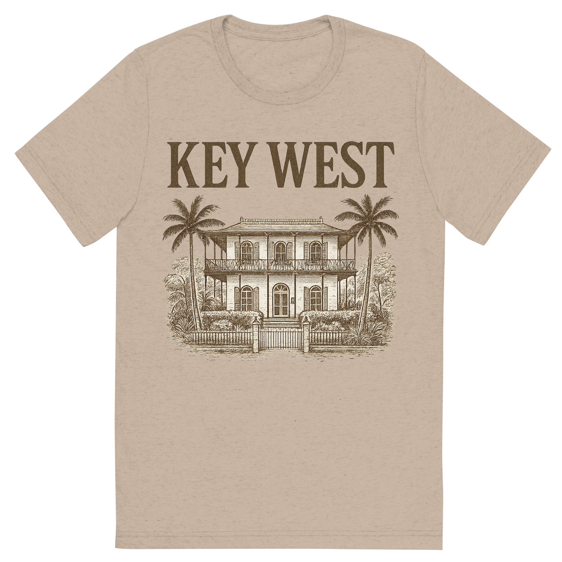 Front view of a Premium Tri-Blend Crew Neck T-Shirt in Tan showing 'A typographic, nostalgic graphic of a typographic illustration of the words 'key west' with a vintage line art drawing of the ernest hemingway home'