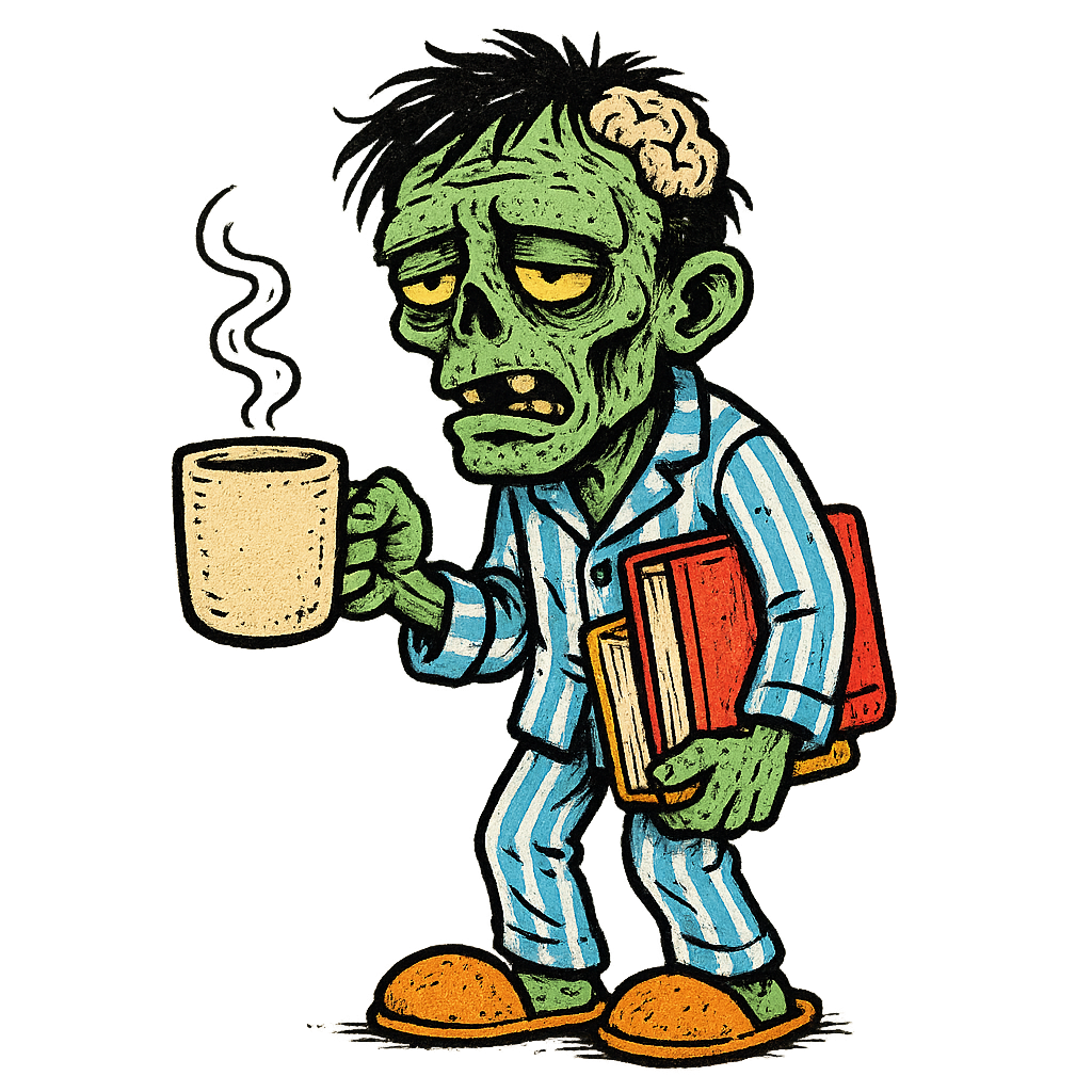 A hand-drawn ink with pop color, comedic graphic of a hand-drawn ink and color illustration of a tired student zombie in pajamas holding a coffee mug and schoolbooks, with the phrase “team no sleep” in stylized lettering above. transparent background, centered composition, optimized for dtg printing. - a t-shirt design