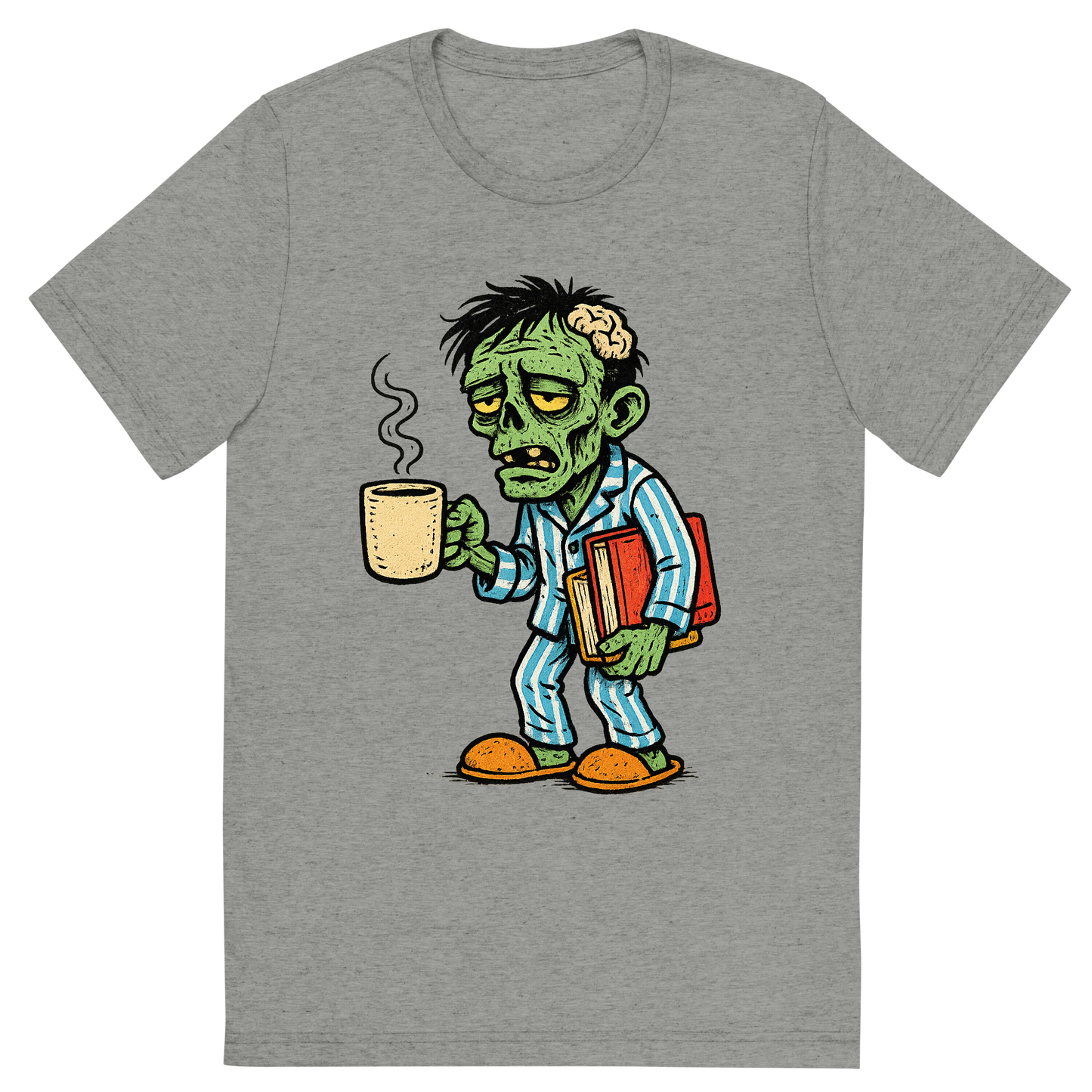 Front view of a Premium Tri-Blend Crew Neck T-Shirt in Athletic Grey showing 'A hand-drawn ink with pop color, comedic graphic of a hand-drawn ink and color illustration of a tired student zombie in pajamas holding a coffee mug and schoolbooks, with the phrase “team no sleep” in stylized lettering above. transparent background, centered composition, optimized for dtg printing.'