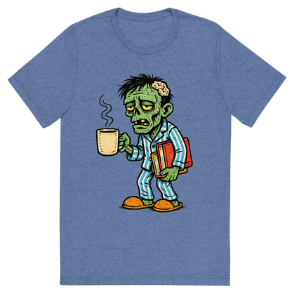Front view of a Premium Tri-Blend Crew Neck T-Shirt in Blue showing 'A hand-drawn ink with pop color, comedic graphic of a hand-drawn ink and color illustration of a tired student zombie in pajamas holding a coffee mug and schoolbooks, with the phrase “team no sleep” in stylized lettering above. transparent background, centered composition, optimized for dtg printing.'
