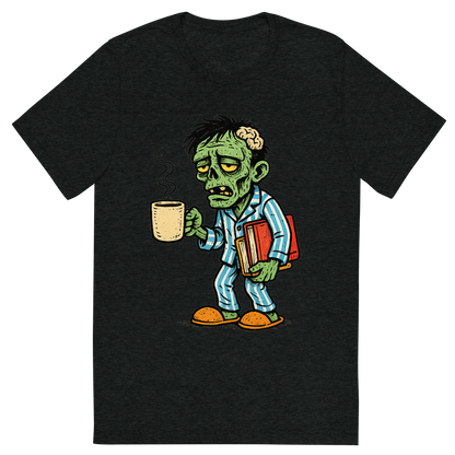 Front view of a Premium Tri-Blend Crew Neck T-Shirt in Charcoal-Black showing 'A hand-drawn ink with pop color, comedic graphic of a hand-drawn ink and color illustration of a tired student zombie in pajamas holding a coffee mug and schoolbooks, with the phrase “team no sleep” in stylized lettering above. transparent background, centered composition, optimized for dtg printing.'