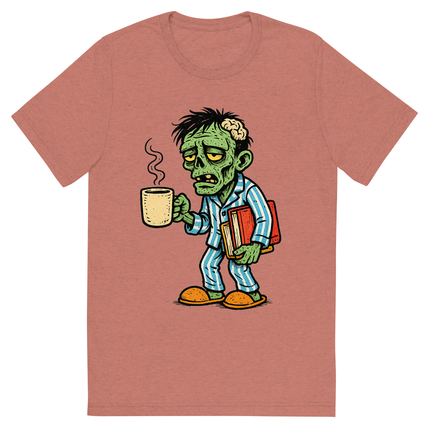 Front view of a Premium Tri-Blend Crew Neck T-Shirt in Mauve showing 'A hand-drawn ink with pop color, comedic graphic of a hand-drawn ink and color illustration of a tired student zombie in pajamas holding a coffee mug and schoolbooks, with the phrase “team no sleep” in stylized lettering above. transparent background, centered composition, optimized for dtg printing.'
