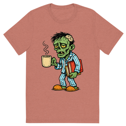 Front view of a Premium Tri-Blend Crew Neck T-Shirt in Mauve showing 'A hand-drawn ink with pop color, comedic graphic of a hand-drawn ink and color illustration of a tired student zombie in pajamas holding a coffee mug and schoolbooks, with the phrase “team no sleep” in stylized lettering above. transparent background, centered composition, optimized for dtg printing.'