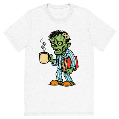 Front view of a Premium Tri-Blend Crew Neck T-Shirt in Solid White showing 'A hand-drawn ink with pop color, comedic graphic of a hand-drawn ink and color illustration of a tired student zombie in pajamas holding a coffee mug and schoolbooks, with the phrase “team no sleep” in stylized lettering above. transparent background, centered composition, optimized for dtg printing.'