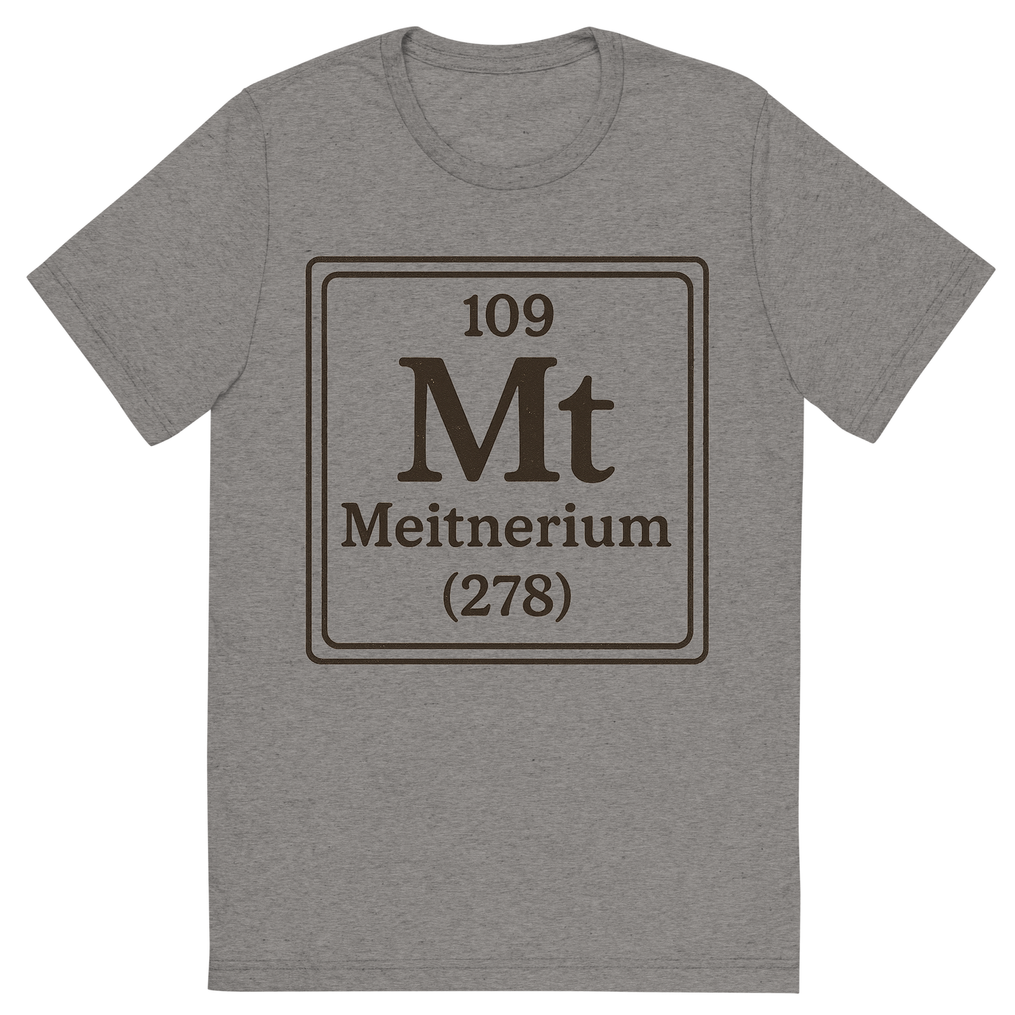 Front view of a Premium Tri-Blend Crew Neck T-Shirt in Grey showing 'A line art, nostalgic graphic of meitnerium's entry on the periodic table, use a dark color for the lines and text'