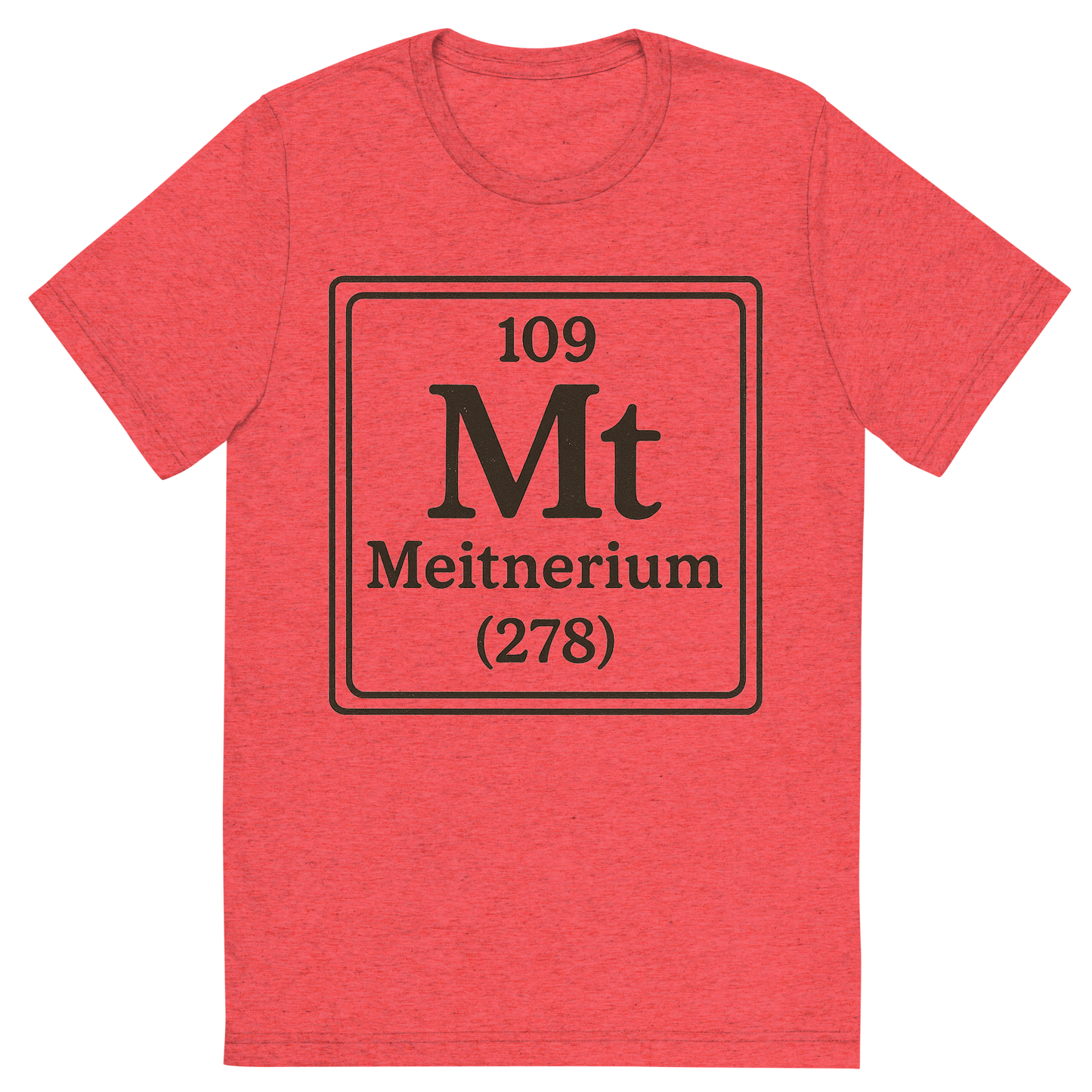 Front view of a Premium Tri-Blend Crew Neck T-Shirt in Red showing 'A line art, nostalgic graphic of meitnerium's entry on the periodic table, use a dark color for the lines and text'