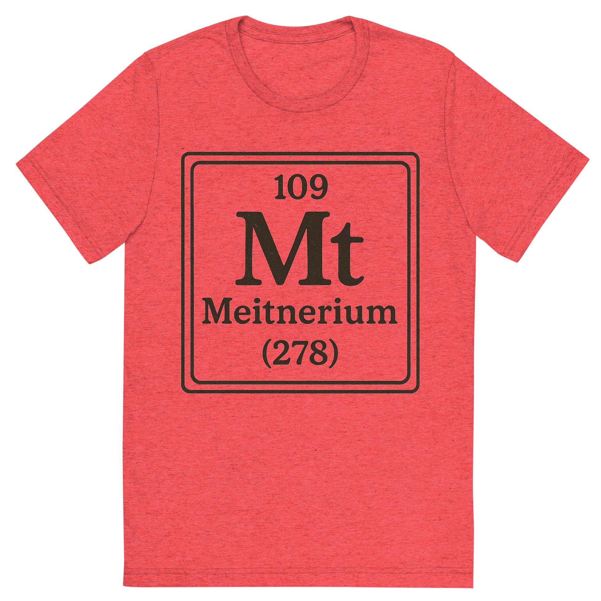 Front view of a Premium Tri-Blend Crew Neck T-Shirt in Red showing 'A line art, nostalgic graphic of meitnerium's entry on the periodic table, use a dark color for the lines and text'