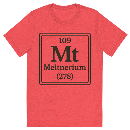 Front view of a Premium Tri-Blend Crew Neck T-Shirt in Red showing 'A line art, nostalgic graphic of meitnerium's entry on the periodic table, use a dark color for the lines and text'