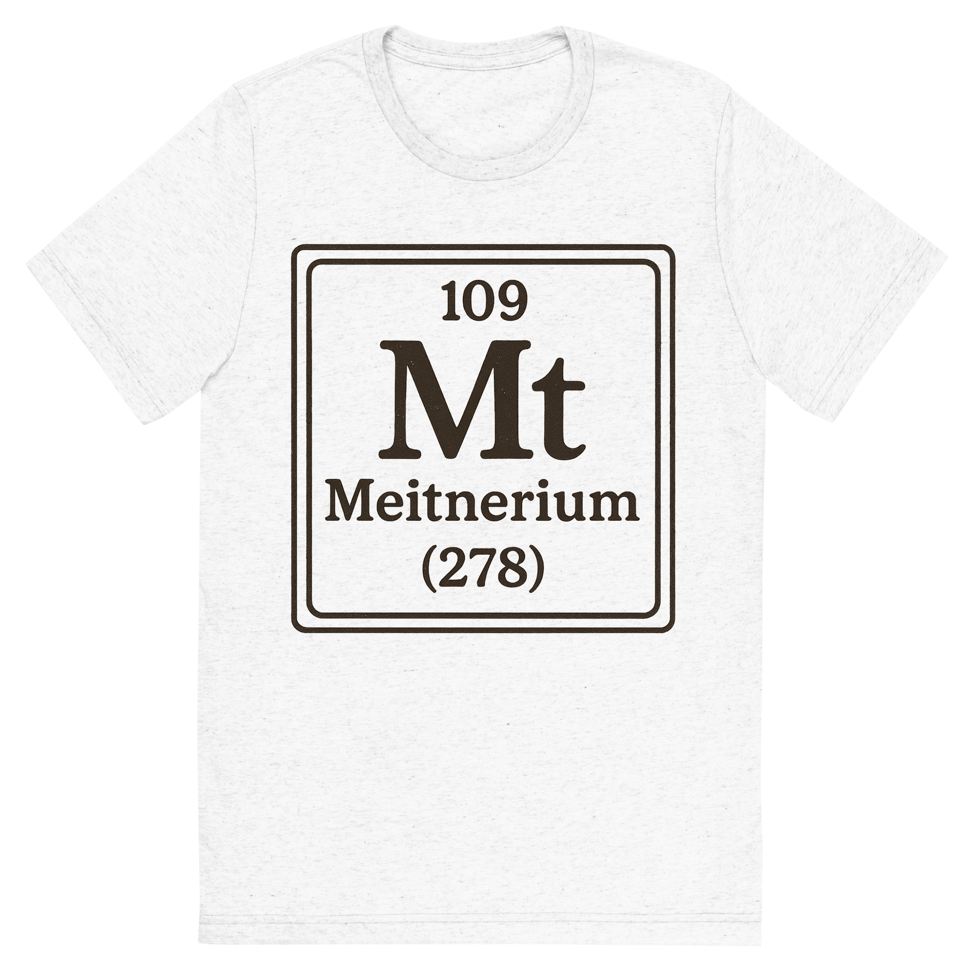 Front view of a Premium Tri-Blend Crew Neck T-Shirt in Solid White showing 'A line art, nostalgic graphic of meitnerium's entry on the periodic table, use a dark color for the lines and text'