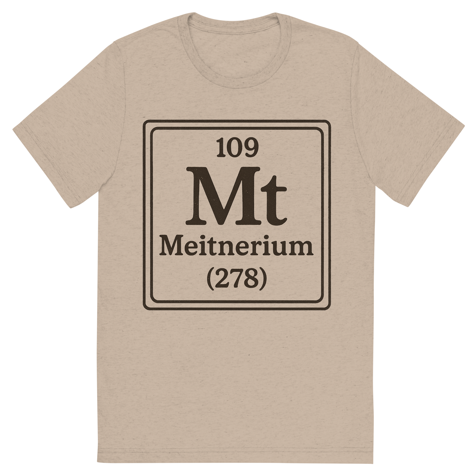 Front view of a Premium Tri-Blend Crew Neck T-Shirt in Tan showing 'A line art, nostalgic graphic of meitnerium's entry on the periodic table, use a dark color for the lines and text'