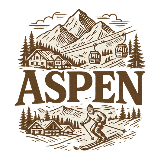 A typographic, nostalgic graphic of a typographic illustration of the words 'aspen' with a vintage line art drawing of ski resorts – a t-shirt design