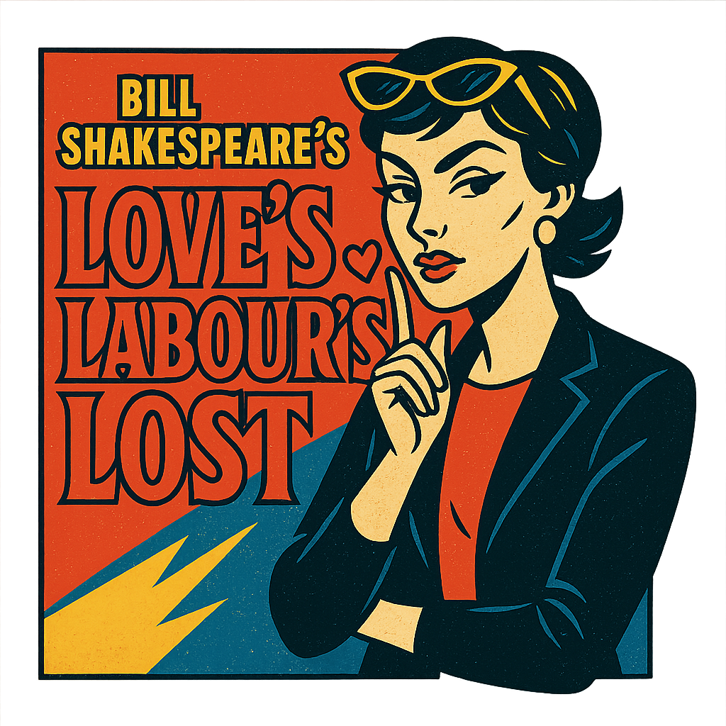 A retro, edgy graphic of a visual representation of a key theme and character from william shakespeare's love's labour's lost – a t-shirt design